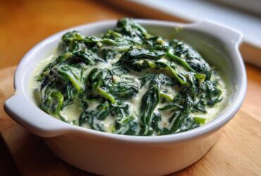 Close-up of rich, dark green creamed spinach served hot in a small white ceramic bowl.