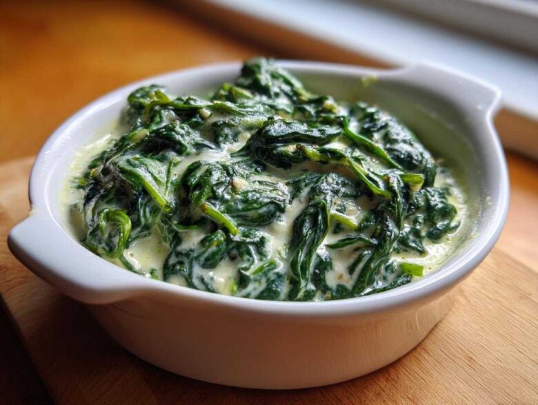 Close-up of rich, dark green creamed spinach served hot in a small white ceramic bowl.