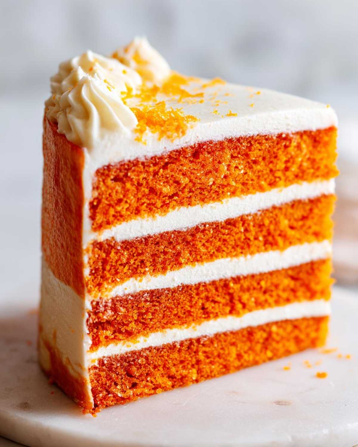Close-up of a tall slice of Creamsicle Cake showing four vibrant orange layers separated by white frosting.