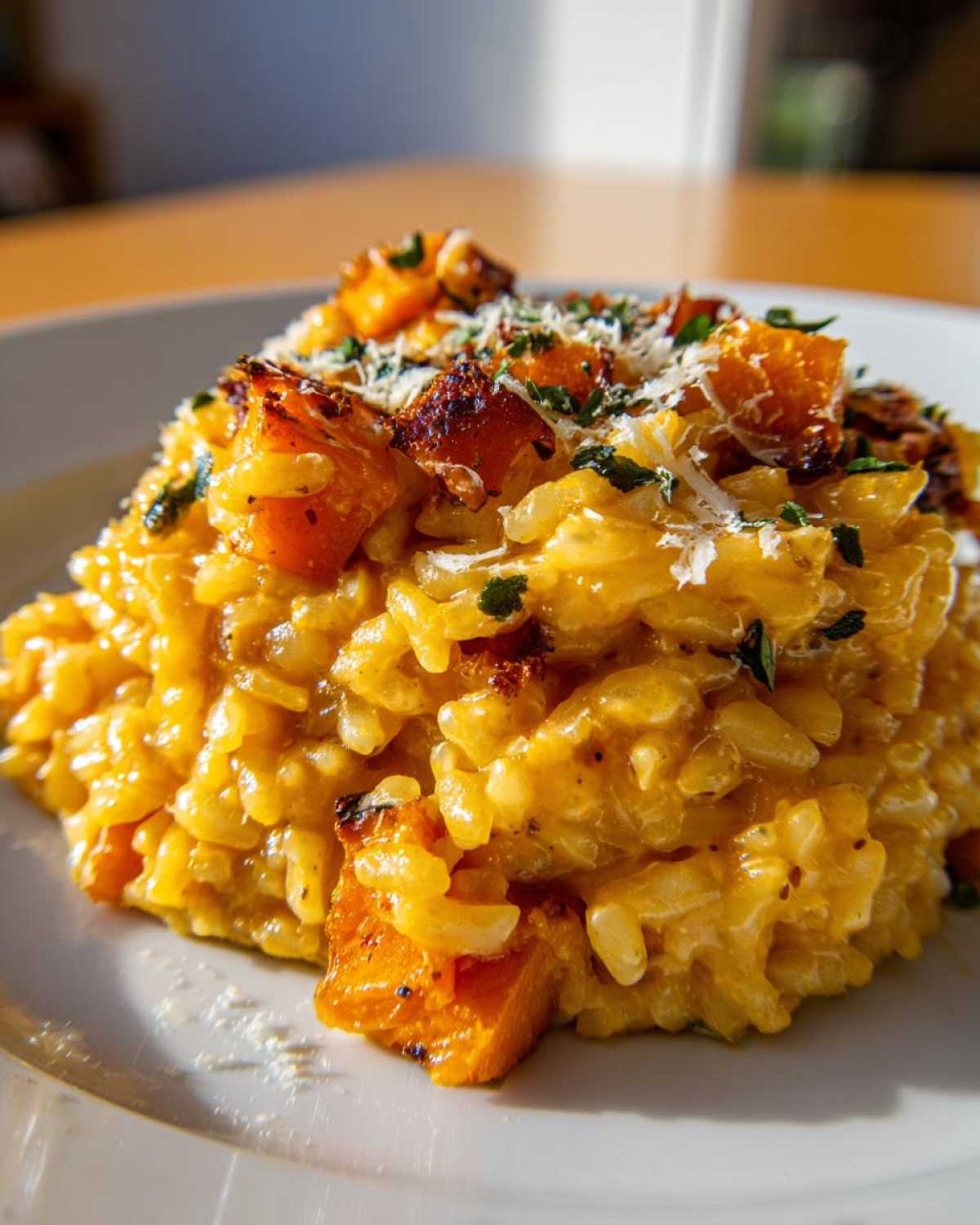 A close-up of creamy butternut squash risotto topped with roasted squash cubes, Parmesan, and herbs.