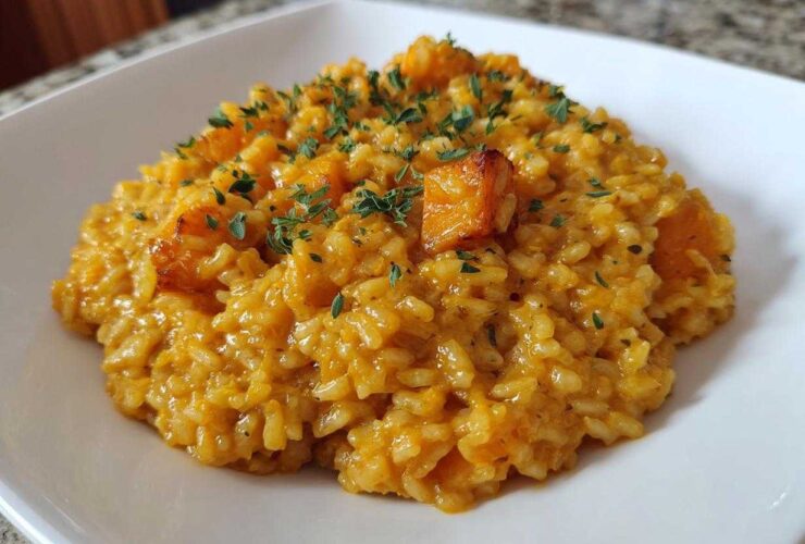 A close-up of creamy butternut squash risotto topped with roasted squash cubes and fresh herbs.