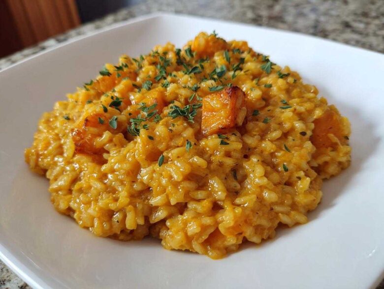 A close-up of creamy butternut squash risotto topped with roasted squash cubes and fresh herbs.