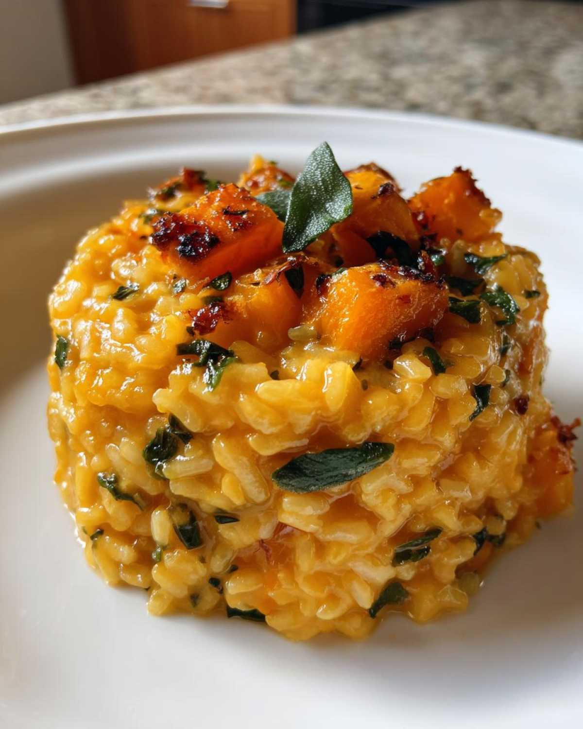 A perfectly plated mound of creamy butternut squash risotto topped with roasted squash cubes and fresh sage.