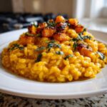 A close-up of creamy, vibrant orange butternut squash risotto topped with roasted squash cubes and fresh sage.