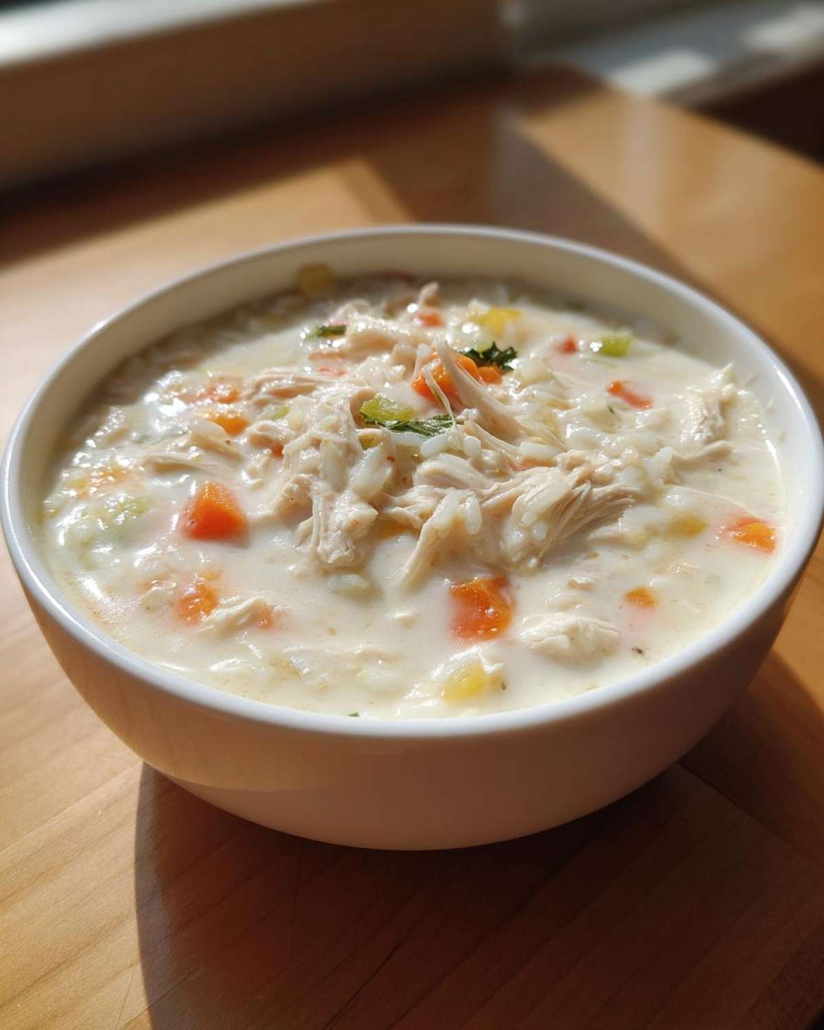 Close-up of a bowl of creamy chicken and rice soup topped with shredded chicken and diced carrots.