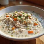 Close-up of a hearty bowl of creamy chicken and rice soup, topped with shredded chicken and fresh parsley.