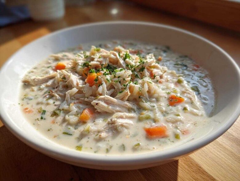 Close-up of a hearty bowl of creamy chicken and rice soup, topped with shredded chicken and fresh parsley.