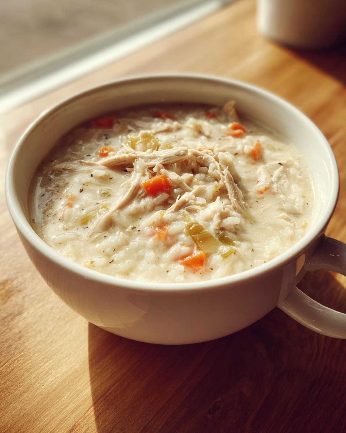 Close-up of a creamy chicken and rice soup with shredded chicken and diced carrots in a white mug.