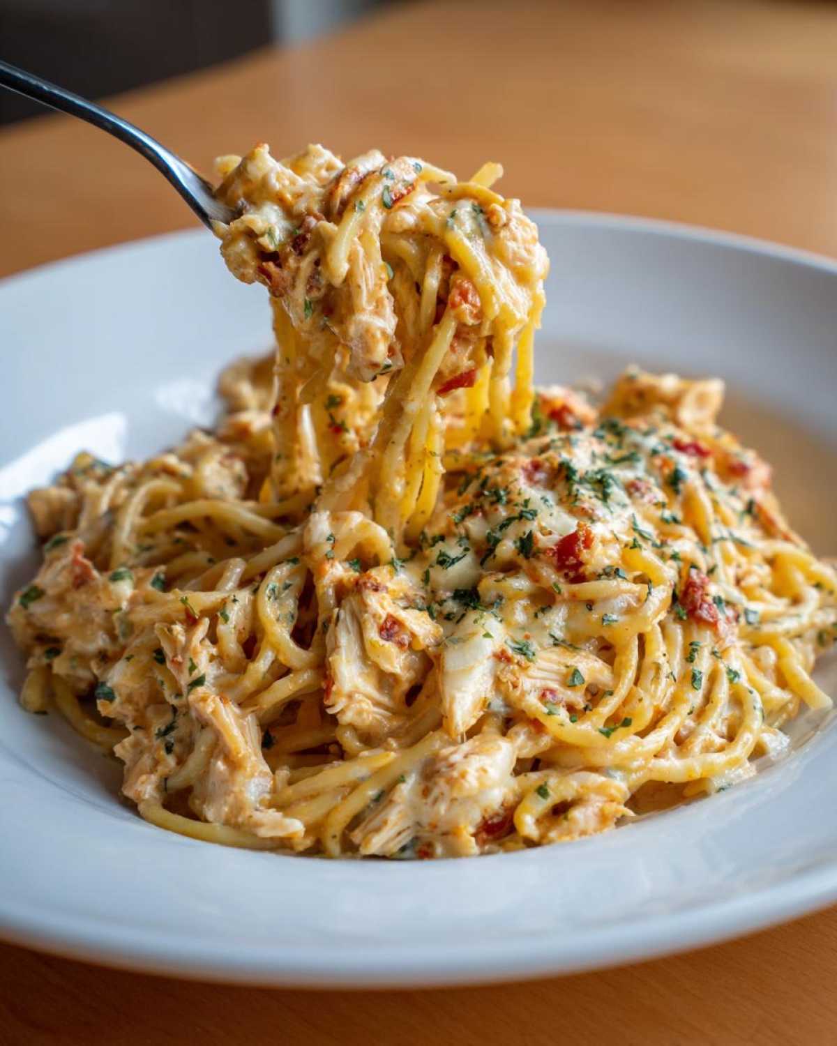 A fork lifts a generous portion of creamy chicken spaghetti casserole from a white plate, topped with melted cheese and parsley.