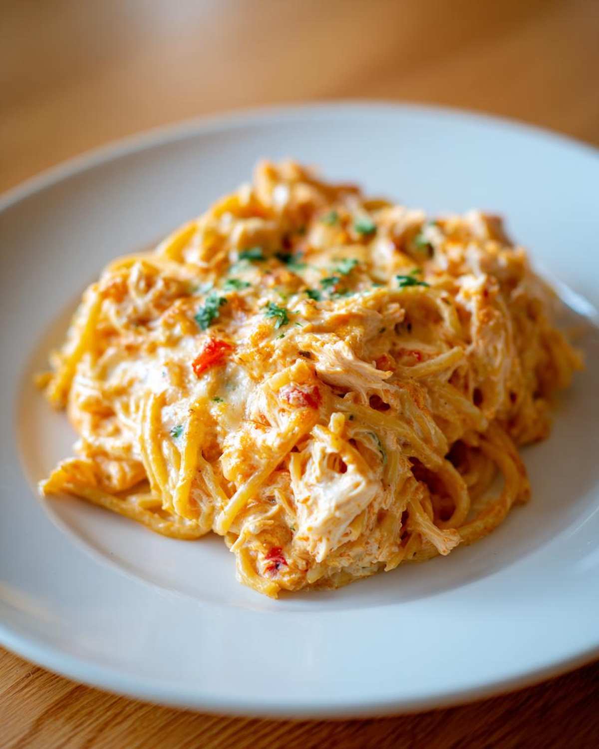 A close-up of a serving of creamy, cheesy chicken spaghetti casserole topped with fresh parsley on a white plate.