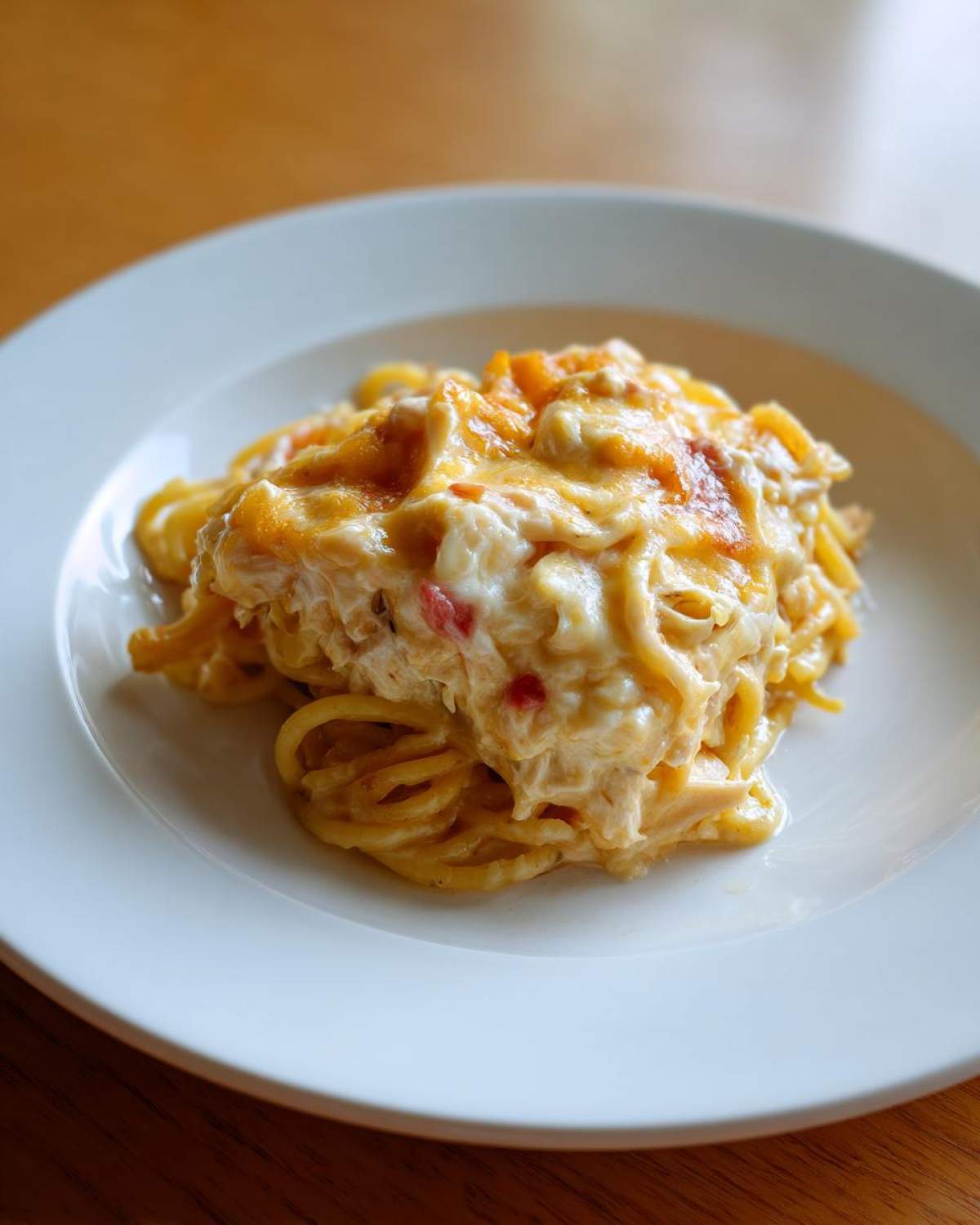 A close-up serving of creamy, cheesy chicken spaghetti casserole on a white plate.