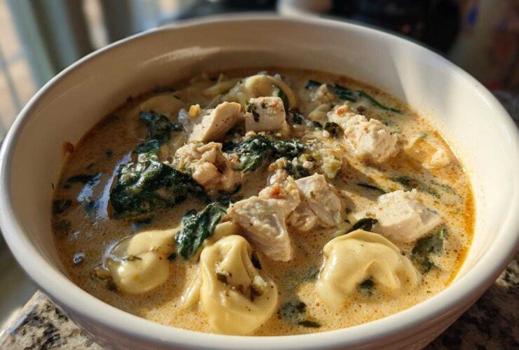 Close-up of a hearty bowl of creamy chicken tortellini soup featuring chunks of chicken, pasta, and wilted spinach.