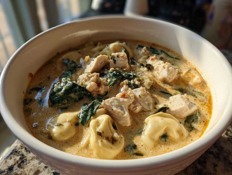 Close-up of a hearty bowl of creamy chicken tortellini soup featuring chunks of chicken, pasta, and wilted spinach.
