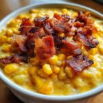 Close-up of a bowl of creamy corn chowder loaded with yellow corn kernels and topped generously with crumbled, crispy bacon.