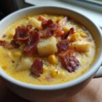 Close-up of a white mug filled with creamy corn chowder, featuring chunks of potato, corn kernels, and topped with crispy bacon pieces.