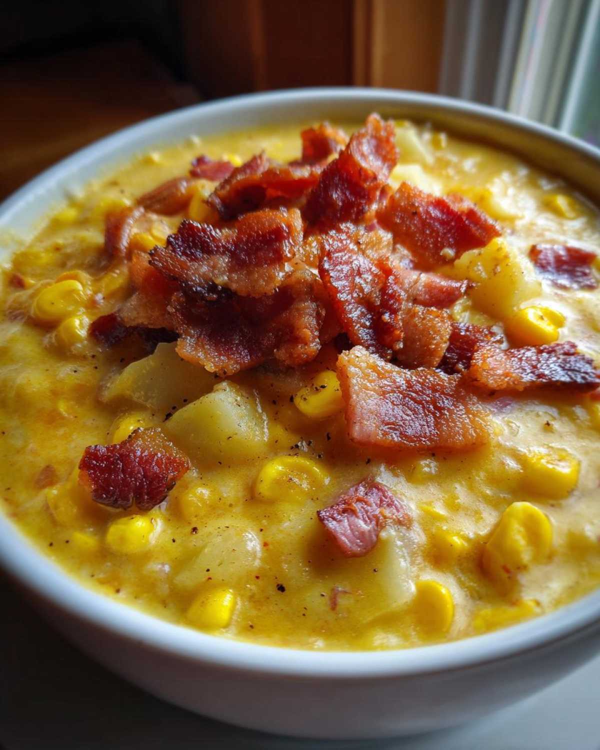Close-up of a bowl of creamy corn chowder loaded with corn, potatoes, and topped generously with crispy bacon pieces.