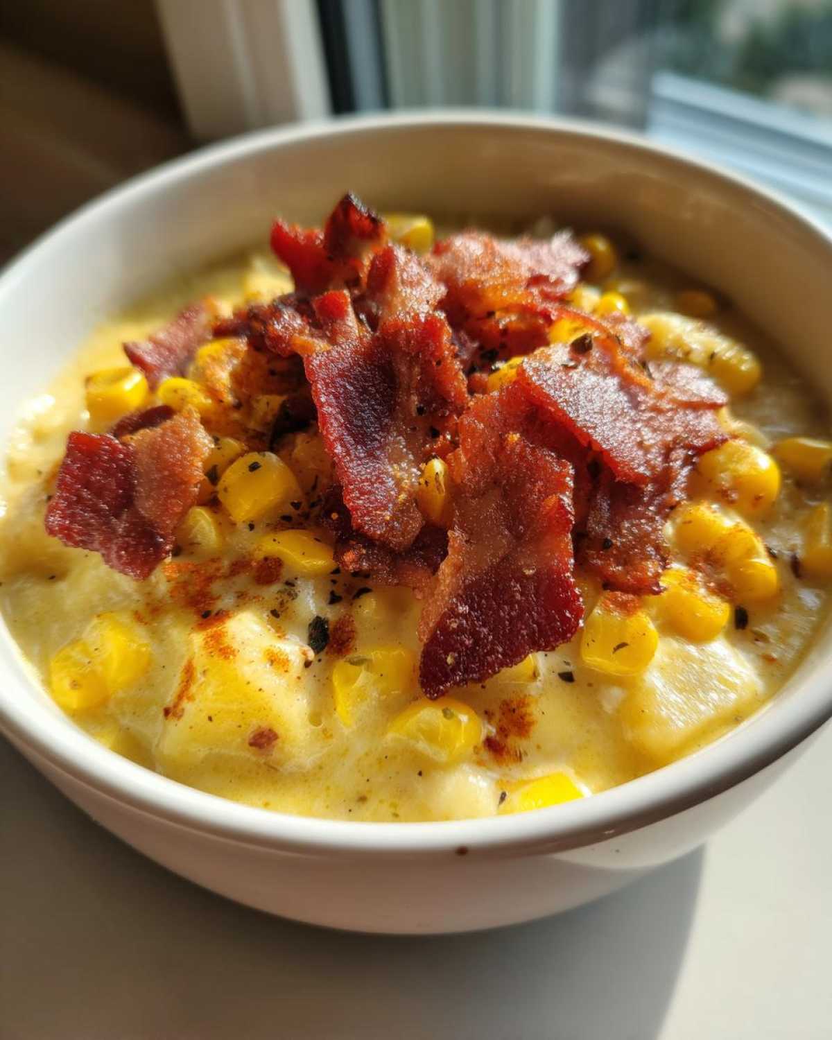 Close-up of a bowl of creamy corn chowder loaded with yellow corn kernels and topped generously with crispy bacon pieces.