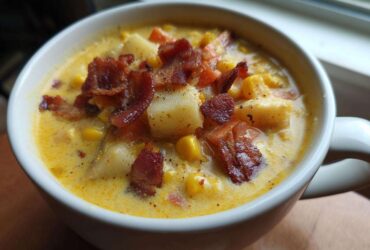 Close-up of a white mug filled with creamy corn chowder, featuring chunks of potato, corn kernels, and topped with crispy bacon pieces.