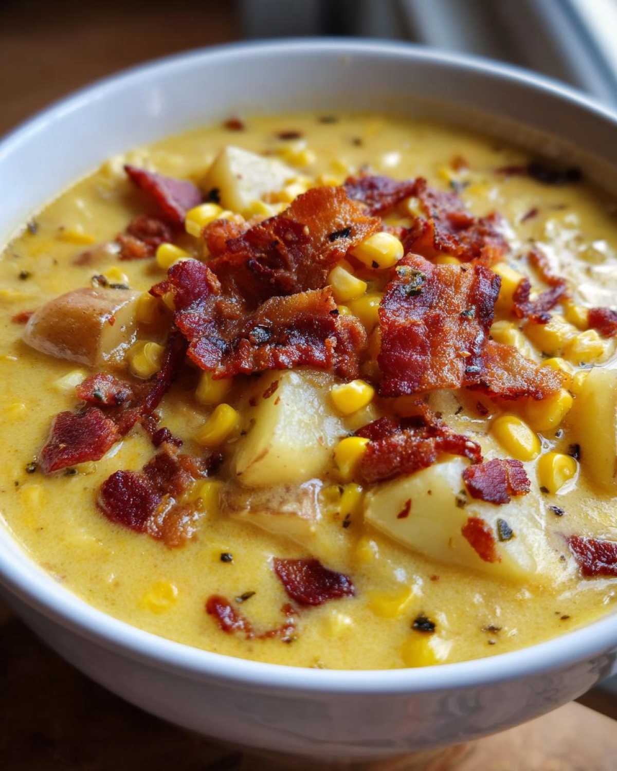 Close-up of creamy corn chowder featuring chunks of potato, sweet corn kernels, and topped generously with crispy bacon pieces.