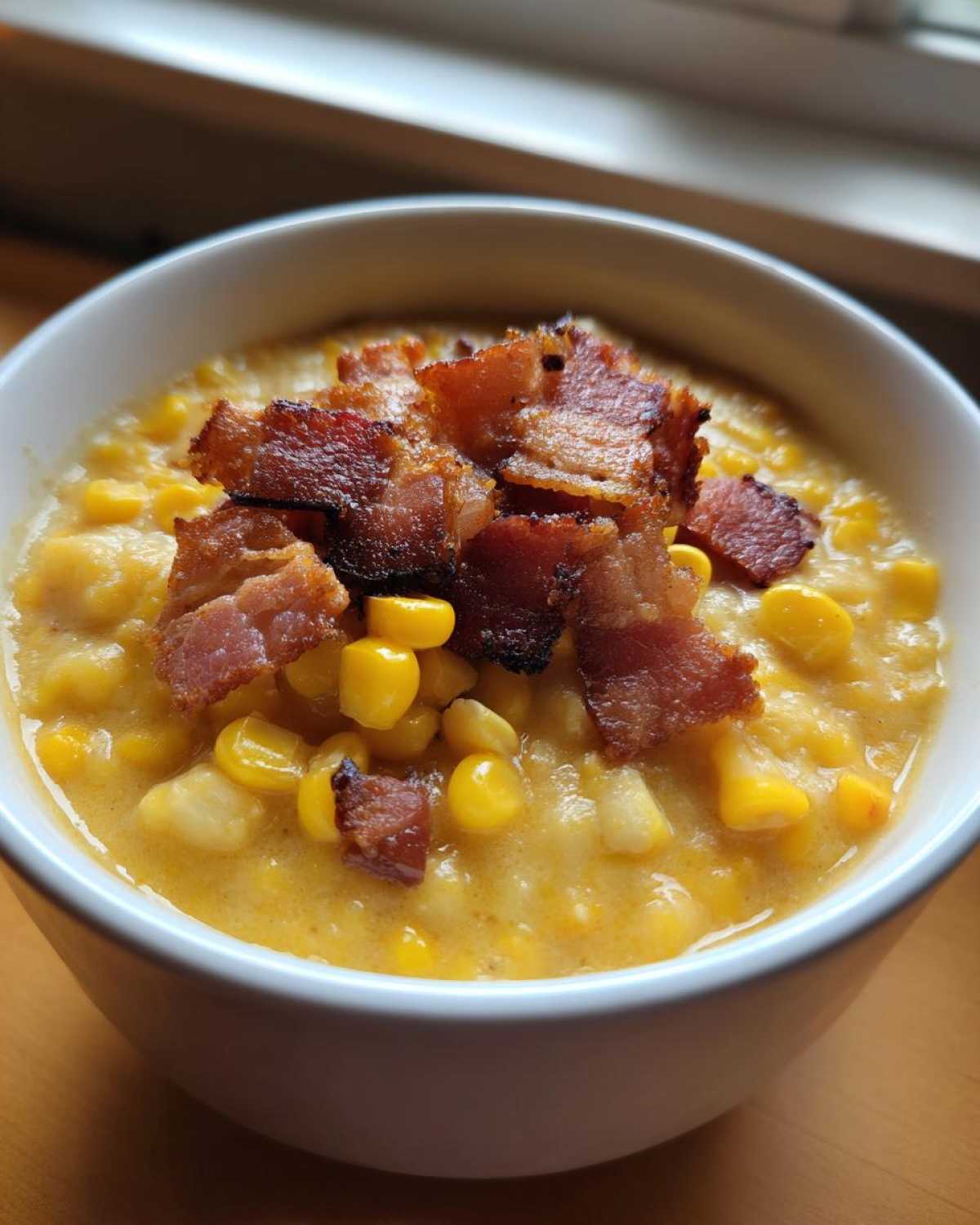 A close-up of creamy corn chowder in a white bowl, generously topped with crumbled, crispy bacon pieces.