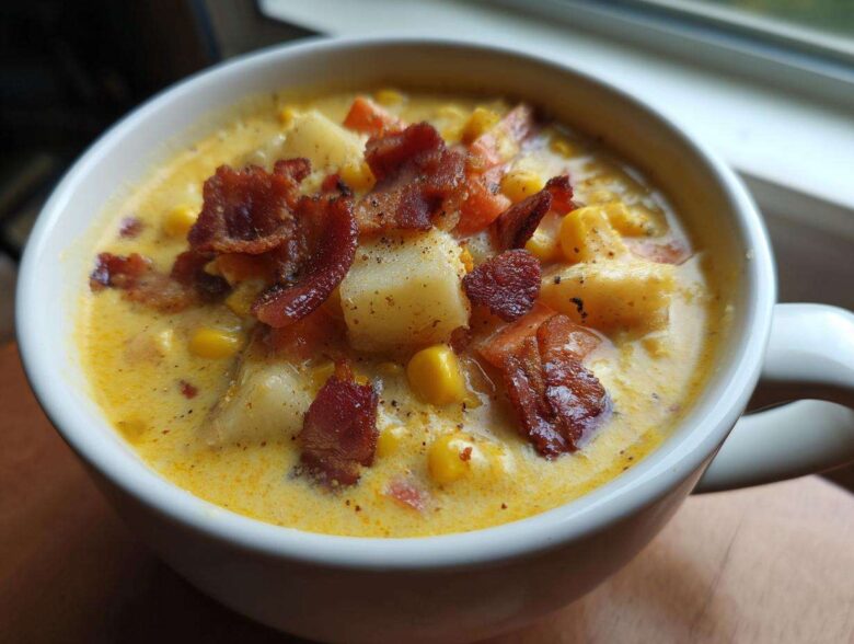 Close-up of a white mug filled with creamy corn chowder, featuring chunks of potato, corn kernels, and topped with crispy bacon pieces.