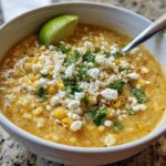 A close-up of a bowl of creamy corn soup garnished with crumbled white cheese, cilantro, and a lime wedge.
