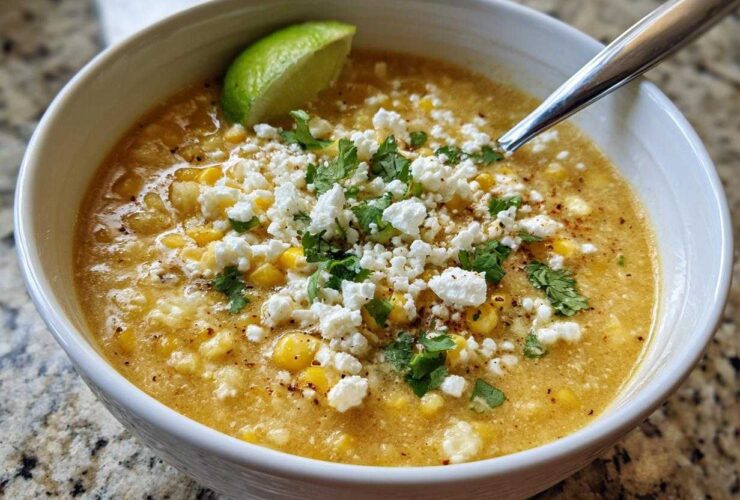 A close-up of a bowl of creamy corn soup garnished with crumbled white cheese, cilantro, and a lime wedge.