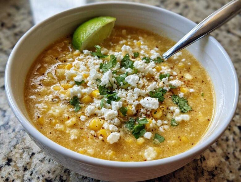 A close-up of a bowl of creamy corn soup garnished with crumbled white cheese, cilantro, and a lime wedge.