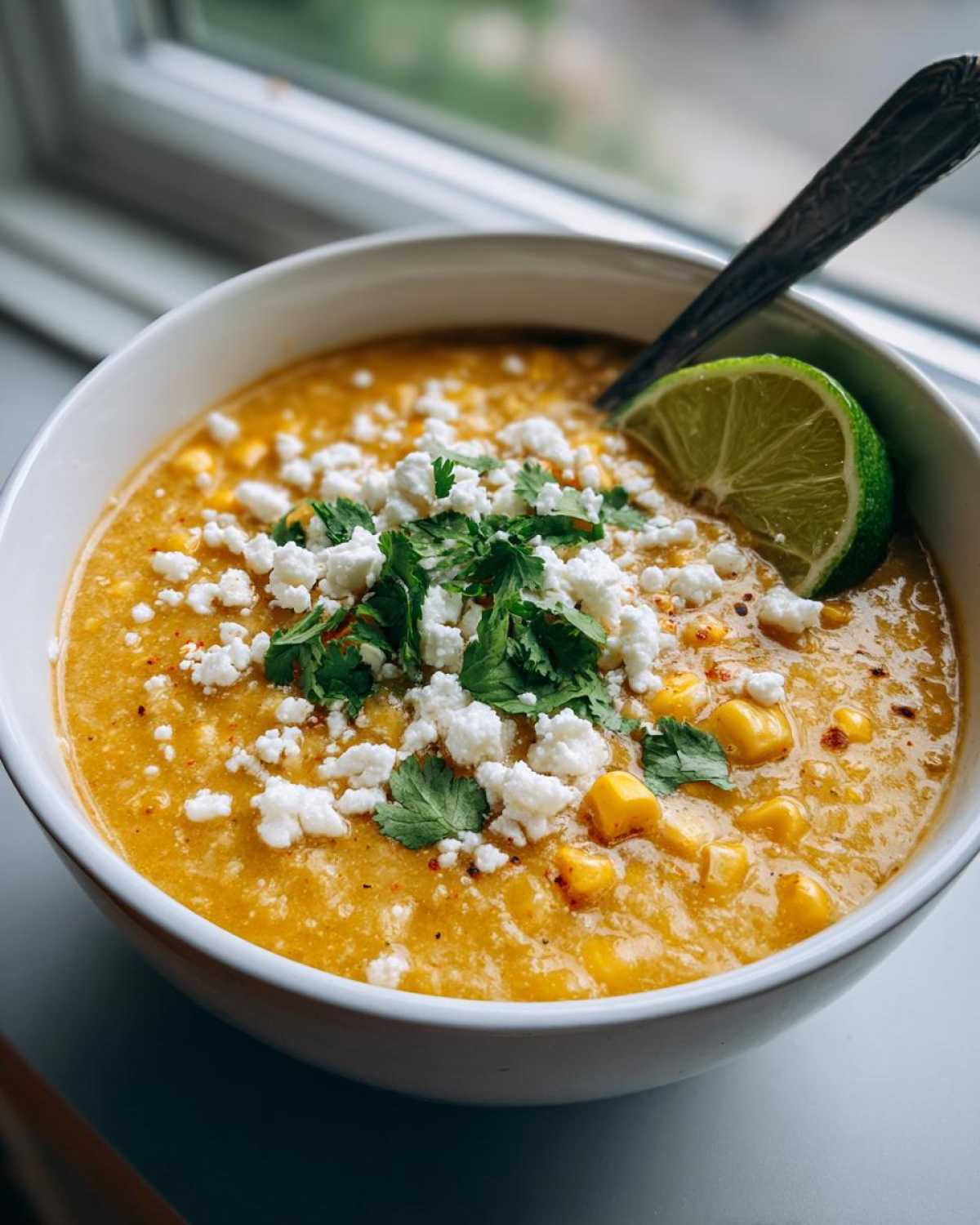 A close-up of a bowl of creamy corn soup, garnished with crumbled white cheese, cilantro, and a lime wedge.