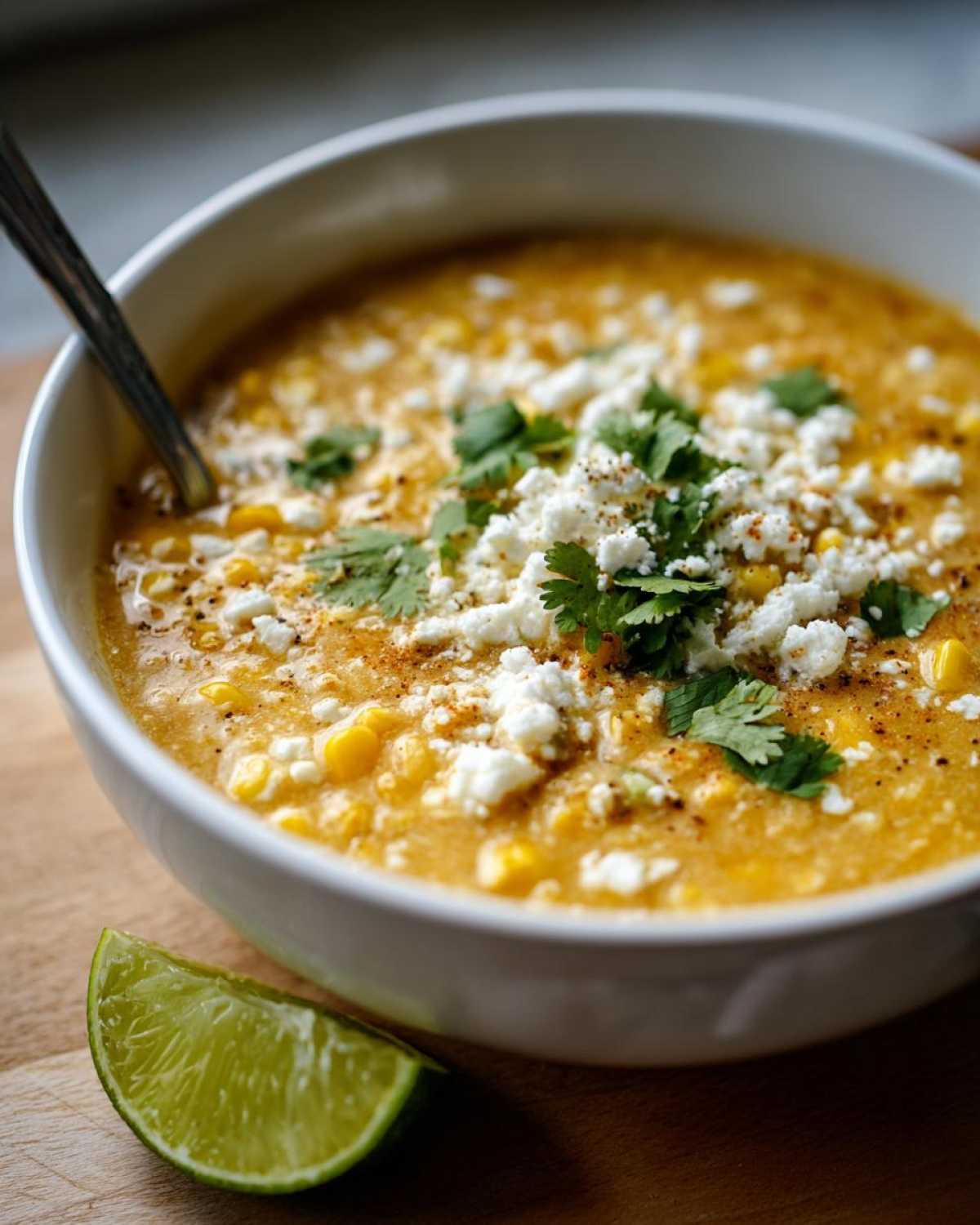 A close-up of a bowl of creamy corn soup topped with crumbled white cheese, fresh cilantro, and spices, with a lime wedge beside it.
