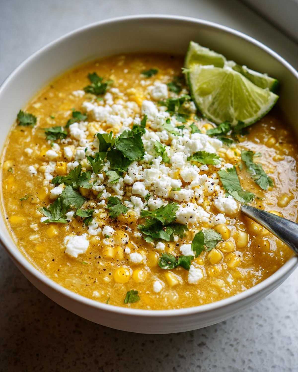 Close-up of a bowl of creamy corn soup topped generously with crumbled white cheese, fresh cilantro, and a lime wedge.