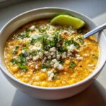Close-up of a bowl of creamy corn soup topped generously with crumbled white cheese, cilantro, and a lime wedge.