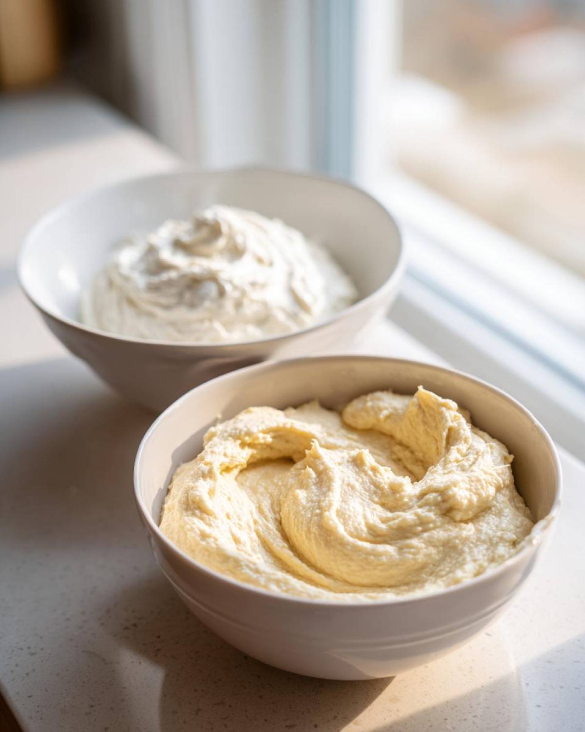 Two bowls showing different stages of creamy ies filling consistency, one lighter and one slightly darker.