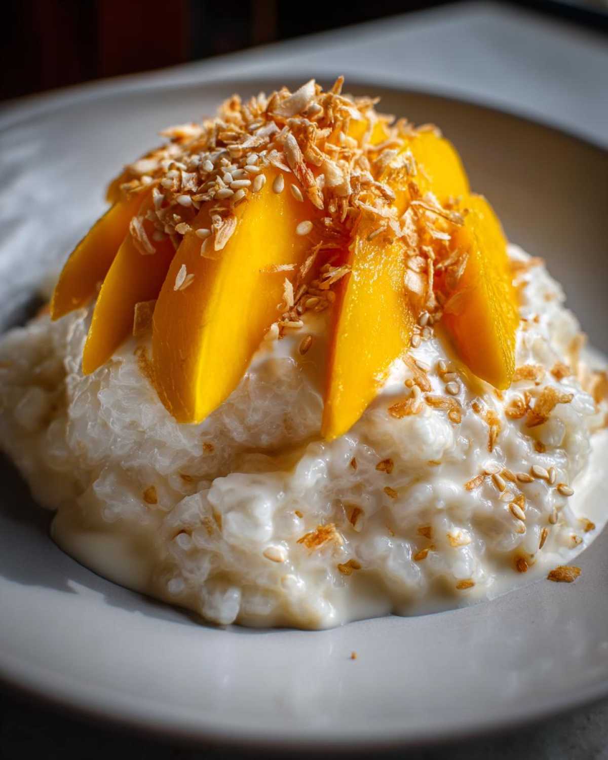Close-up of creamy mango sticky rice topped with bright yellow mango slices and toasted coconut flakes.