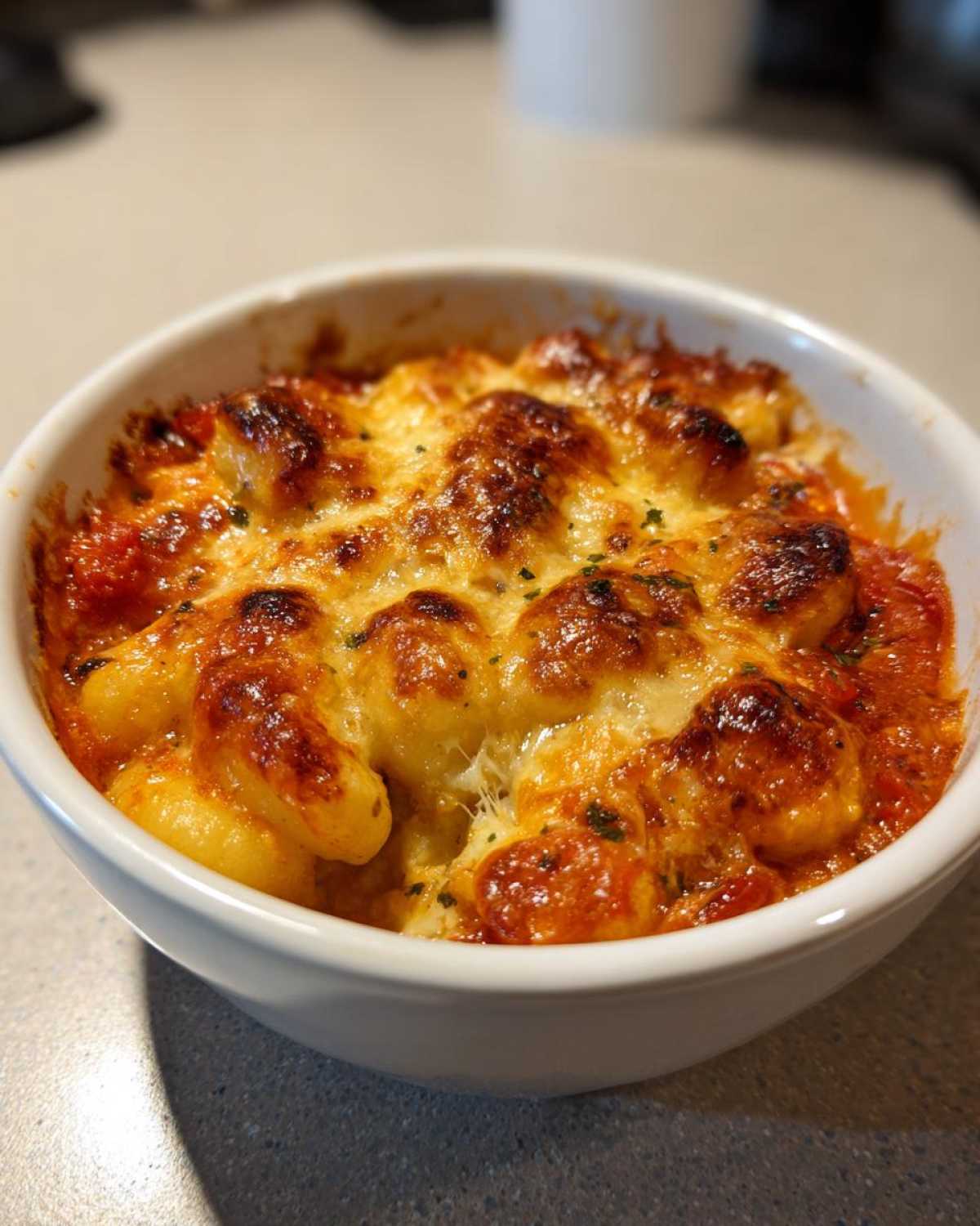 Close-up of a single serving of Creamy Roasted Garlic Tomato Gnocchi Bake with bubbly, browned cheese topping.