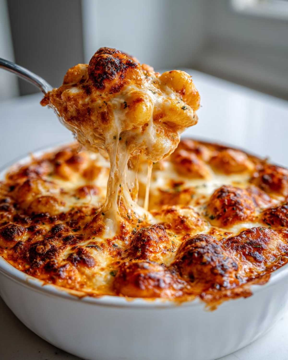 A spoonful of Creamy Roasted Garlic Tomato Gnocchi Bake showing a dramatic cheese pull from the bubbling, browned casserole.