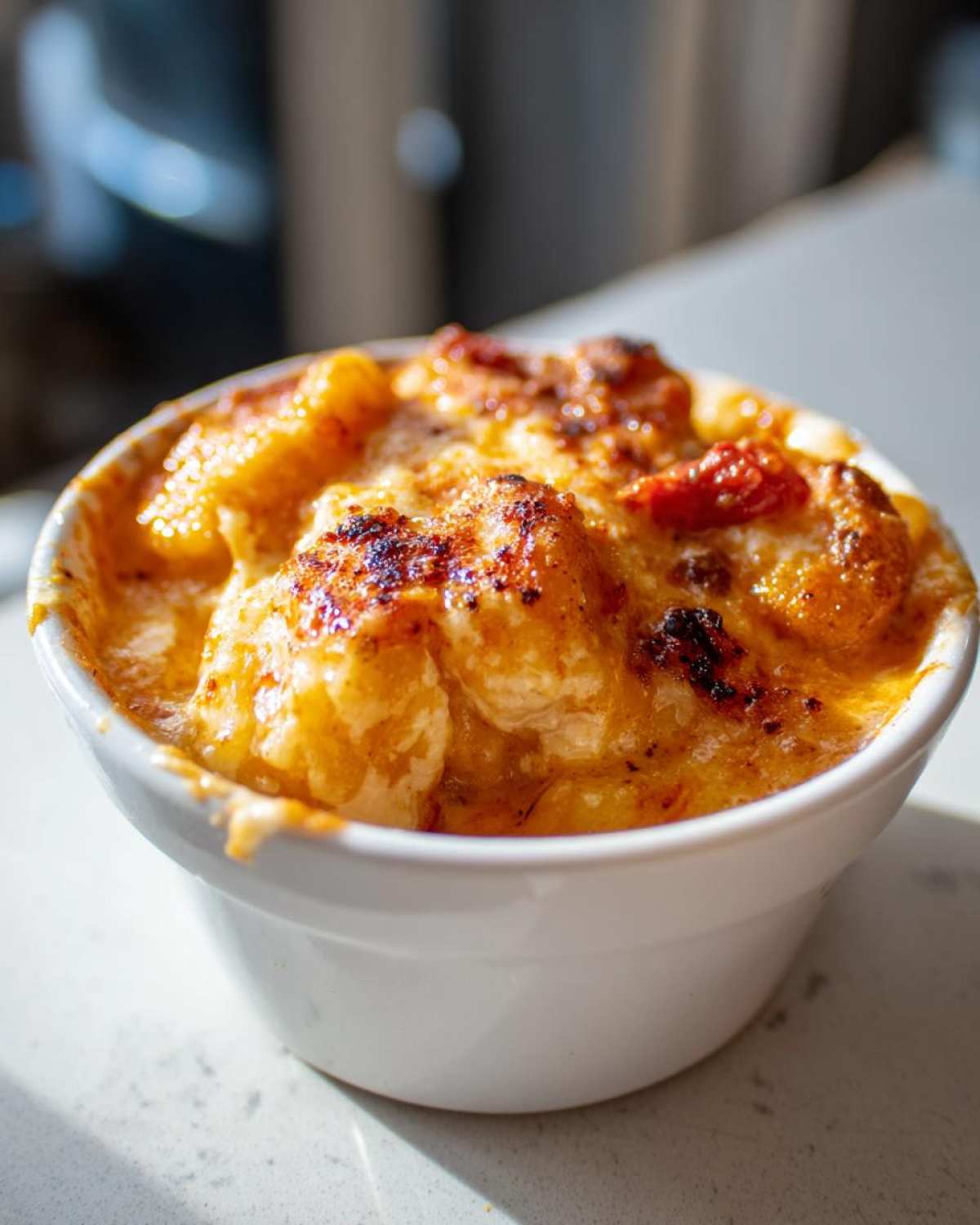Close-up of a small white ramekin filled with Creamy Roasted Garlic Tomato Gnocchi Bake, featuring a bubbly, browned cheese top.