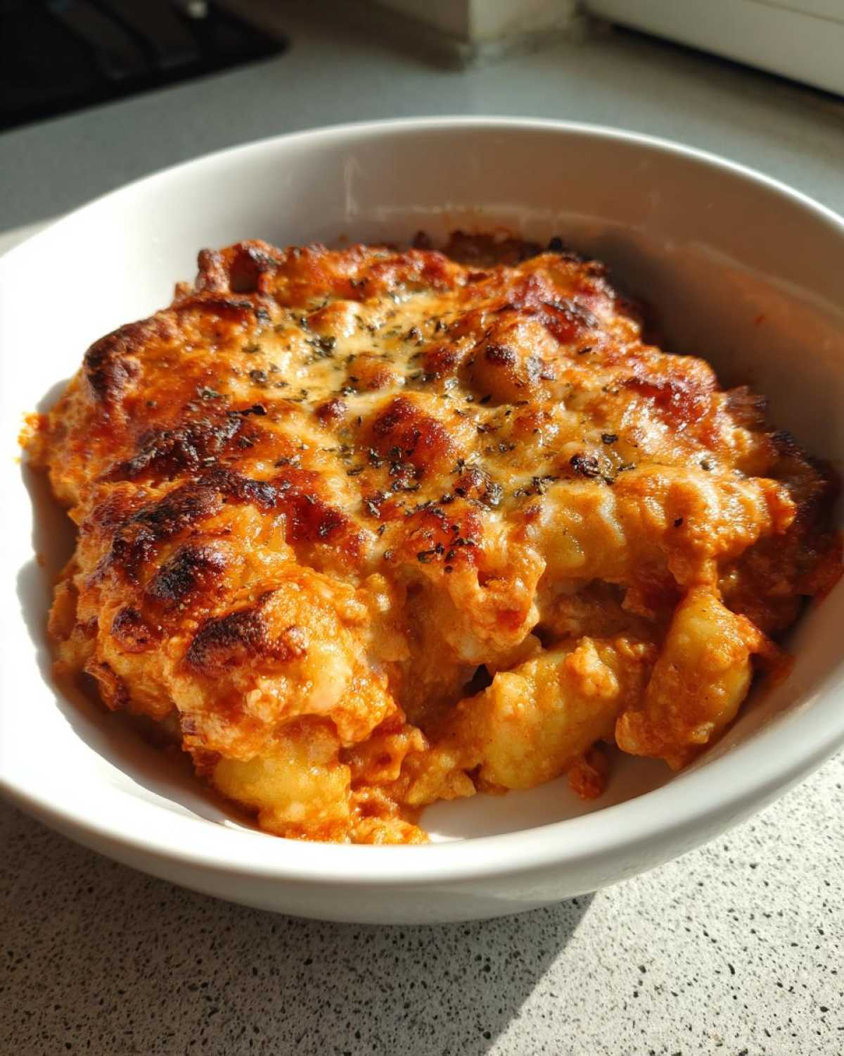 A close-up of a single serving of Creamy Roasted Garlic Tomato Gnocchi Bake with a bubbly, browned cheese topping.