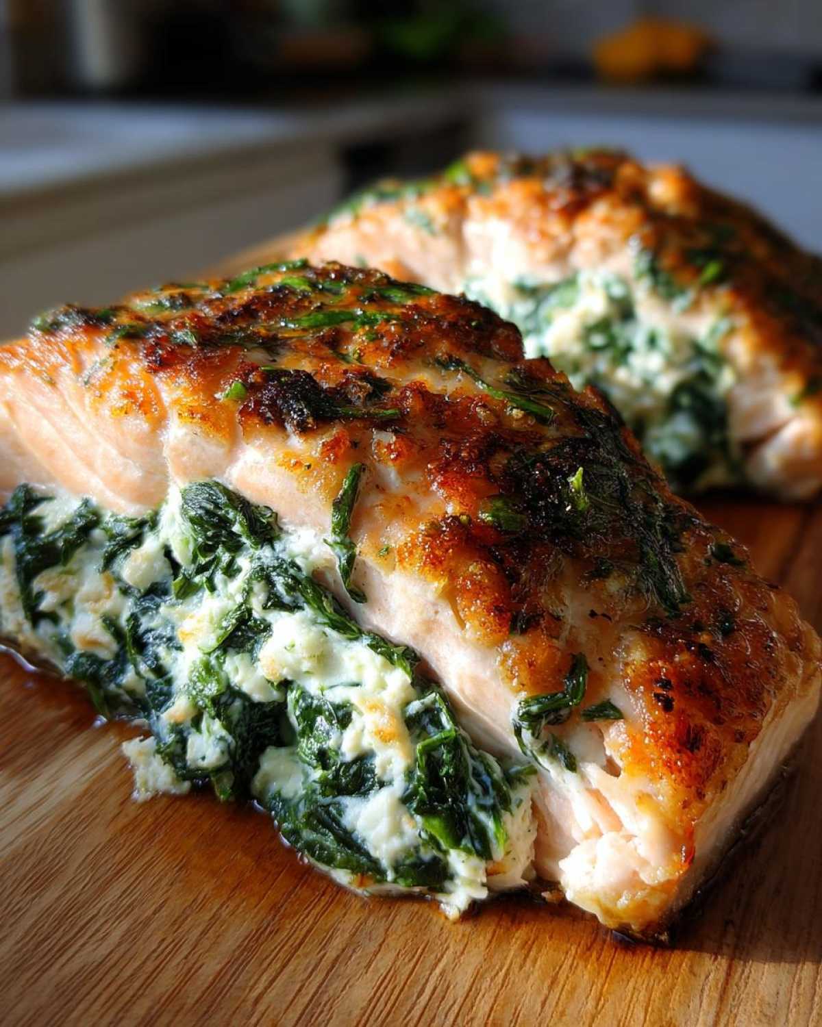 Close-up of a perfectly cooked One-Pan Creamy Spinach Feta Stuffed Salmon fillet showing the rich stuffing.