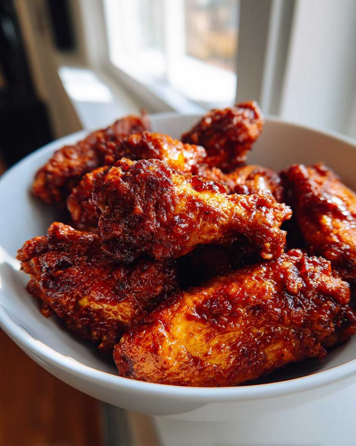 Close-up of crispy, saucy buffalo wings piled high in a white bowl, glistening under natural light.