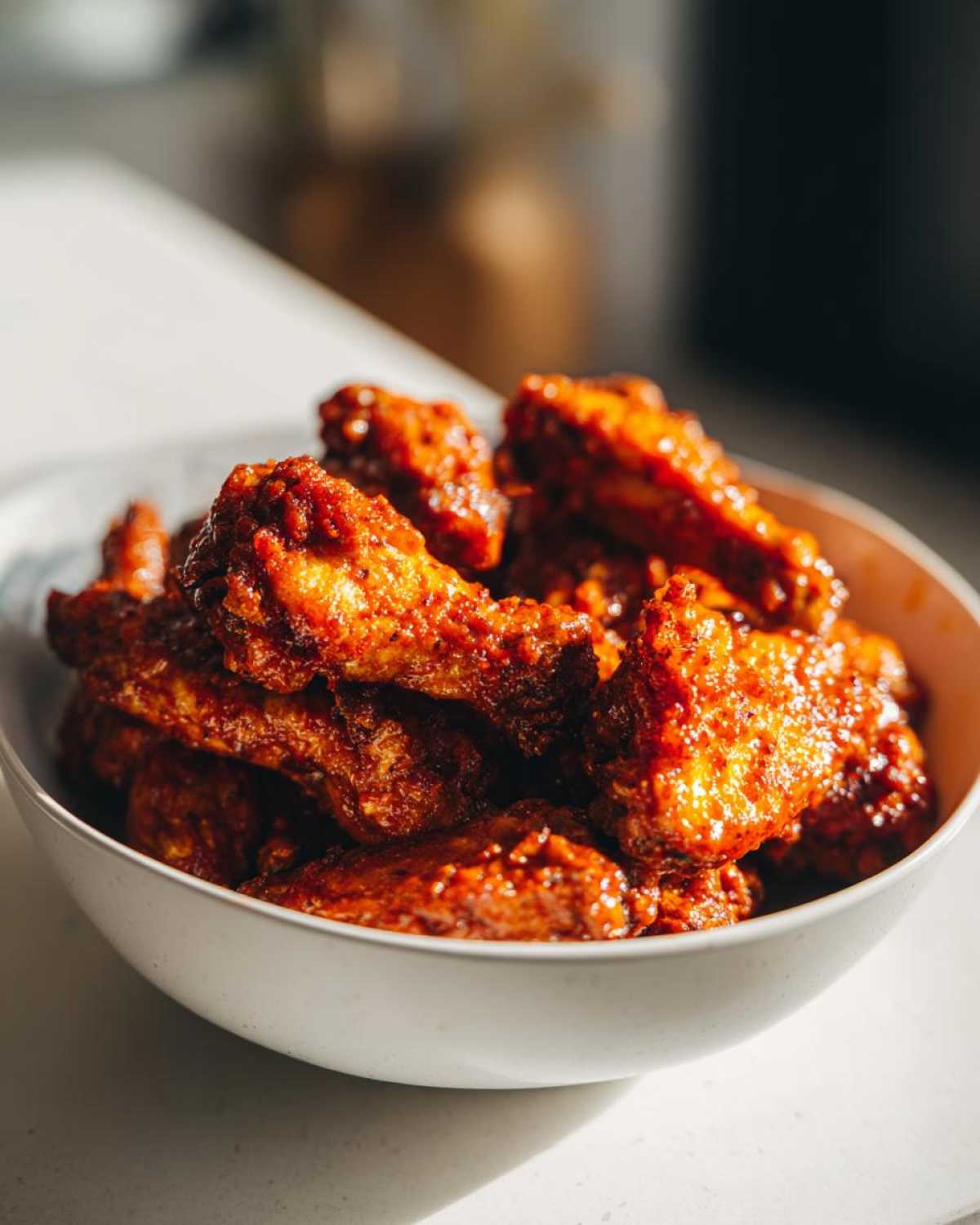 A close-up of crispy, saucy buffalo wings piled high in a white bowl.