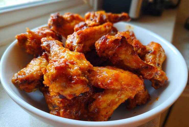 A close-up of crispy, saucy buffalo wings piled high in a white serving bowl.
