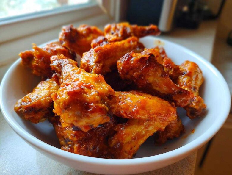 A close-up of crispy, saucy buffalo wings piled high in a white serving bowl.