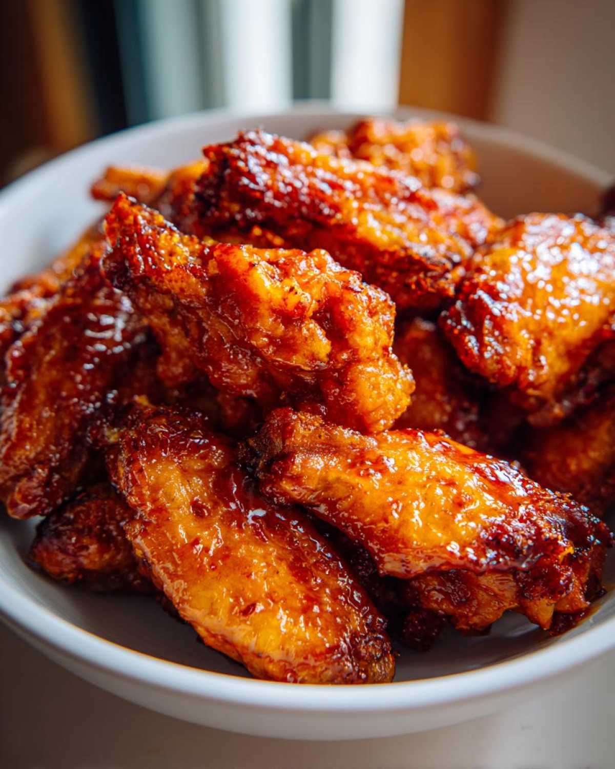 Close-up of crispy, glazed buffalo wings piled high in a white serving bowl.