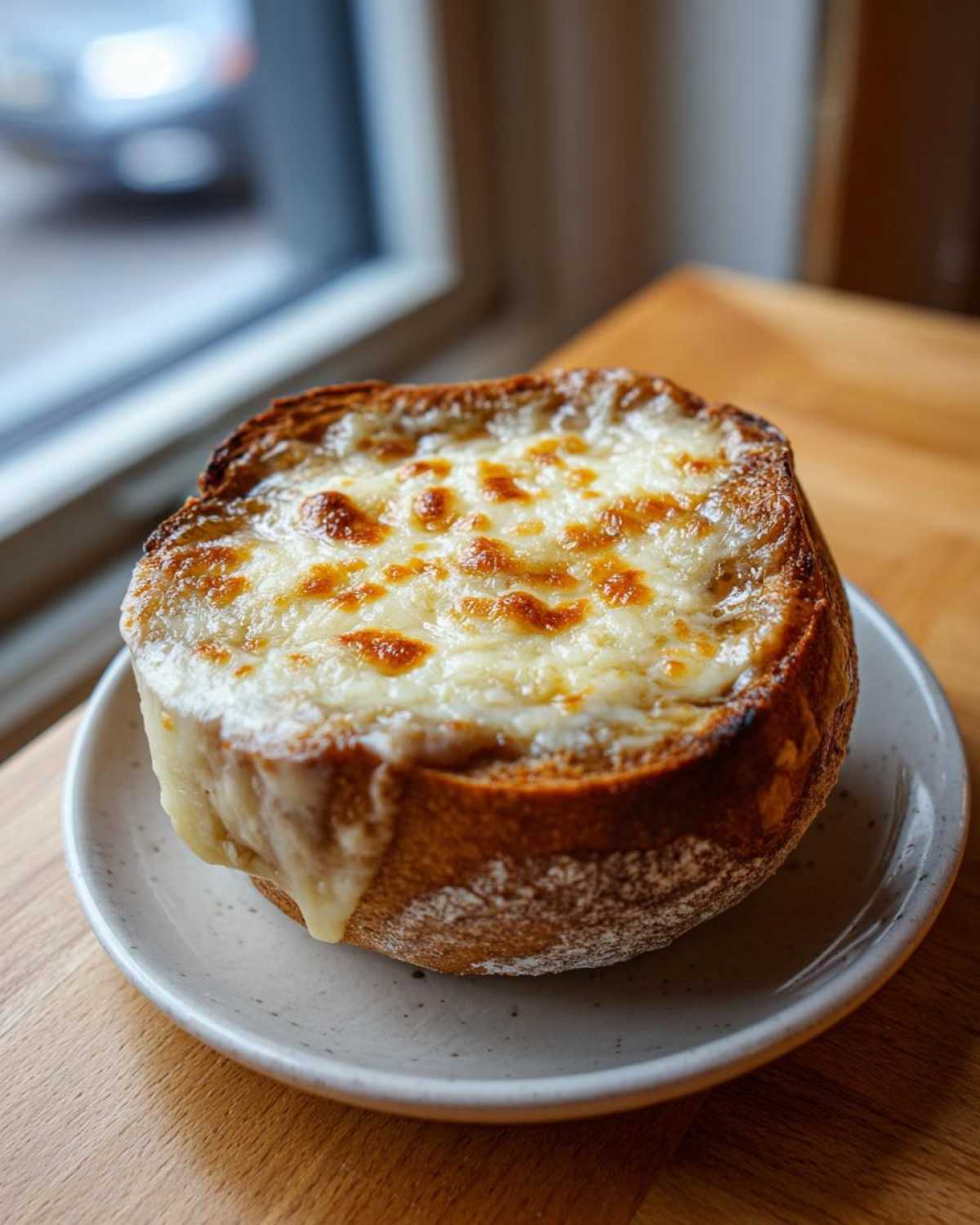 A hearty bowl of crockpot french onion soup served in a toasted bread bowl, topped with melted, browned cheese.
