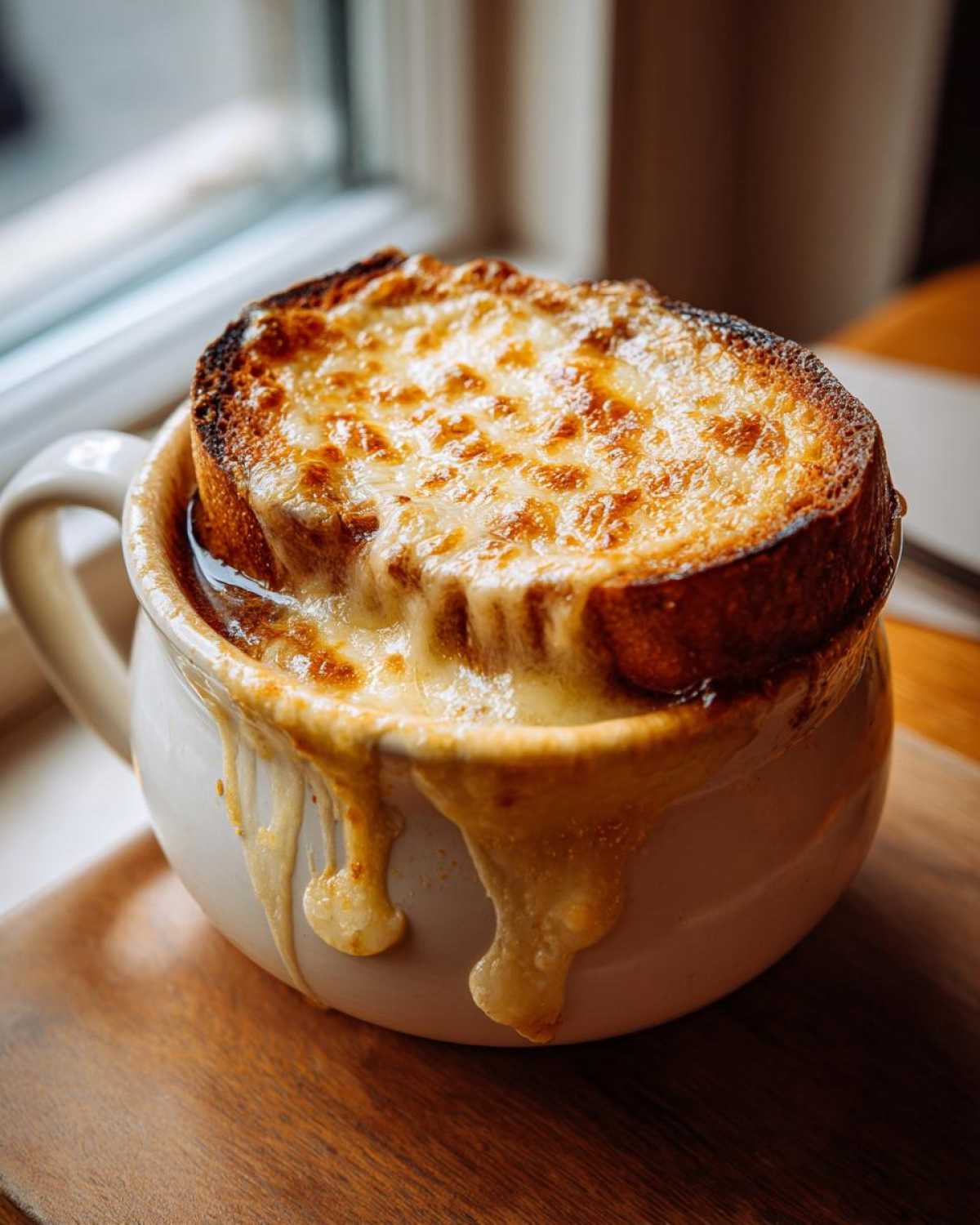 Close-up of a bowl of crockpot french onion soup topped with melted, bubbling cheese dripping down the side.