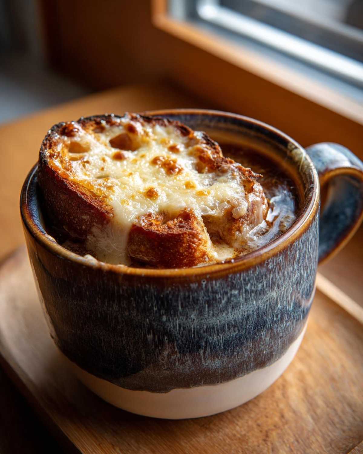 Close-up of a mug of crockpot french onion soup topped with melted, browned cheese over toasted bread.