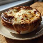 A bowl of rich crockpot french onion soup topped with a thick, bubbly, and browned layer of melted Gruyère cheese.