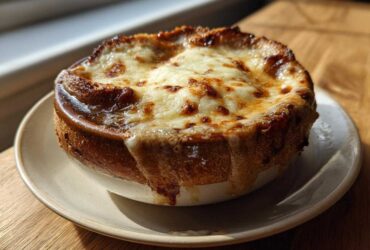 A bowl of rich crockpot french onion soup topped with a thick, bubbly, and browned layer of melted Gruyère cheese.