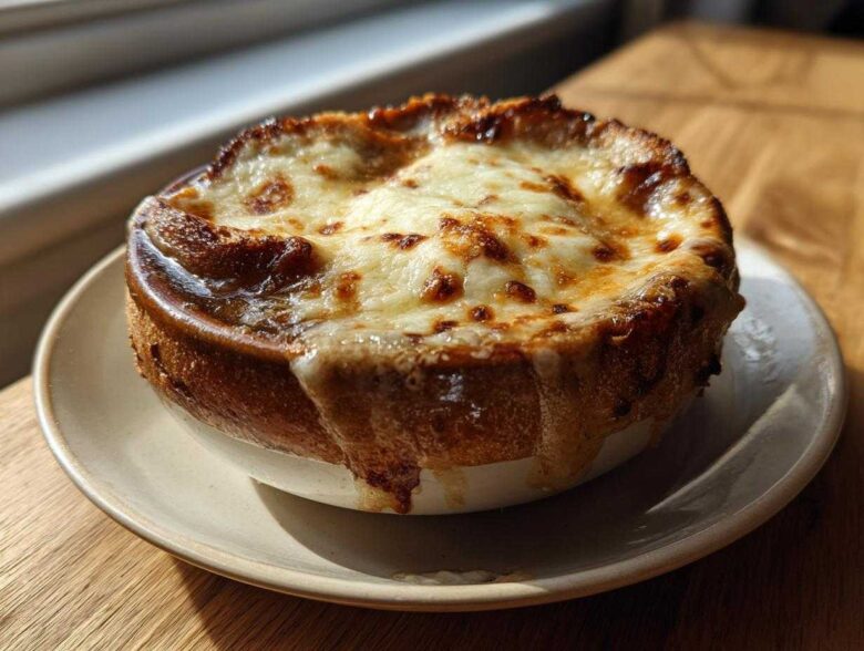 A bowl of rich crockpot french onion soup topped with a thick, bubbly, and browned layer of melted Gruyère cheese.